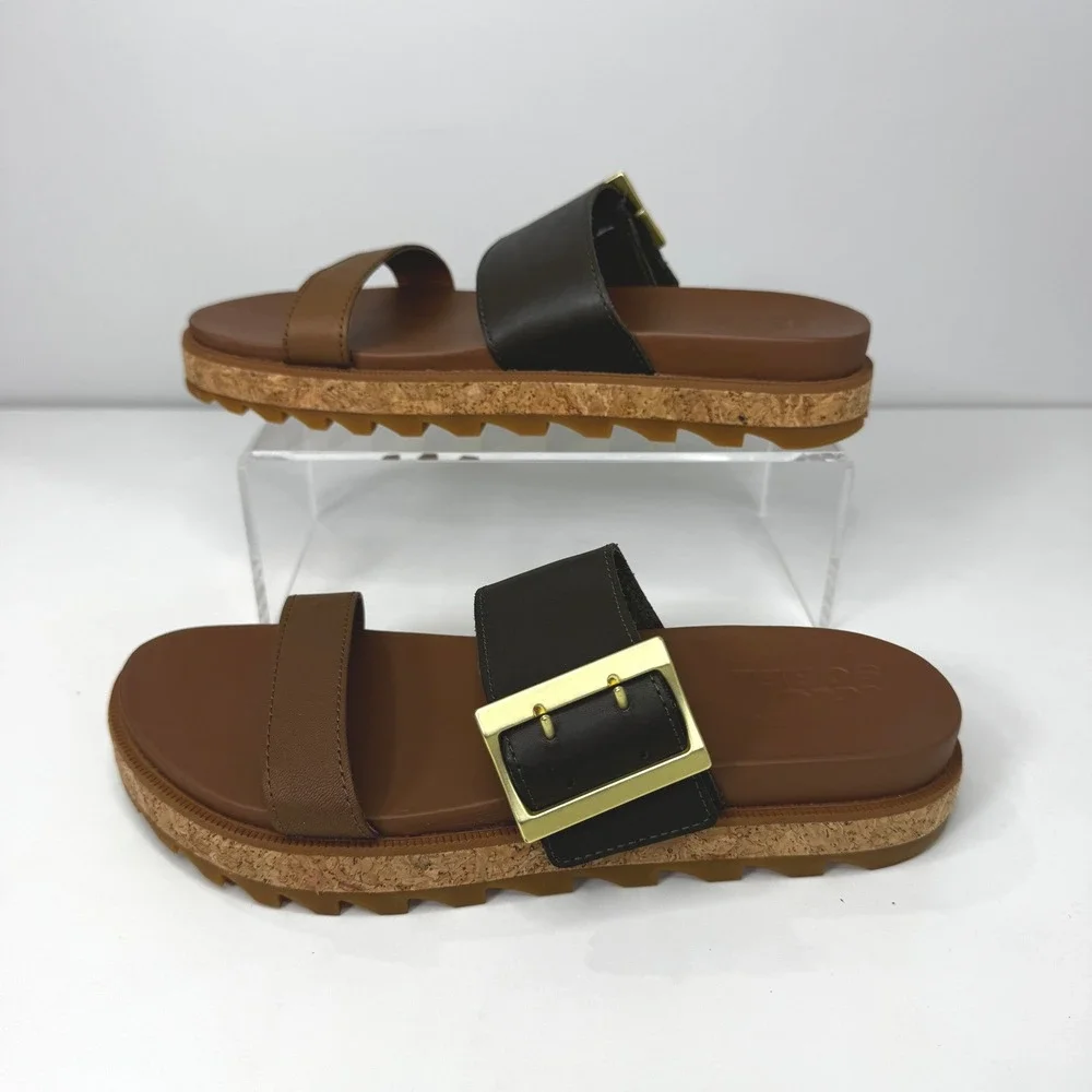 SOREL Roaming Buckle Slide Sandals Women 7.5 Velvet Tan Black Leather Minimalist